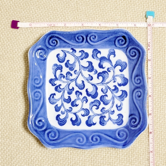 Vintage Andrea by Sadek Blue & White Square Dish with Raised Scrolling - Picture 3 of 6